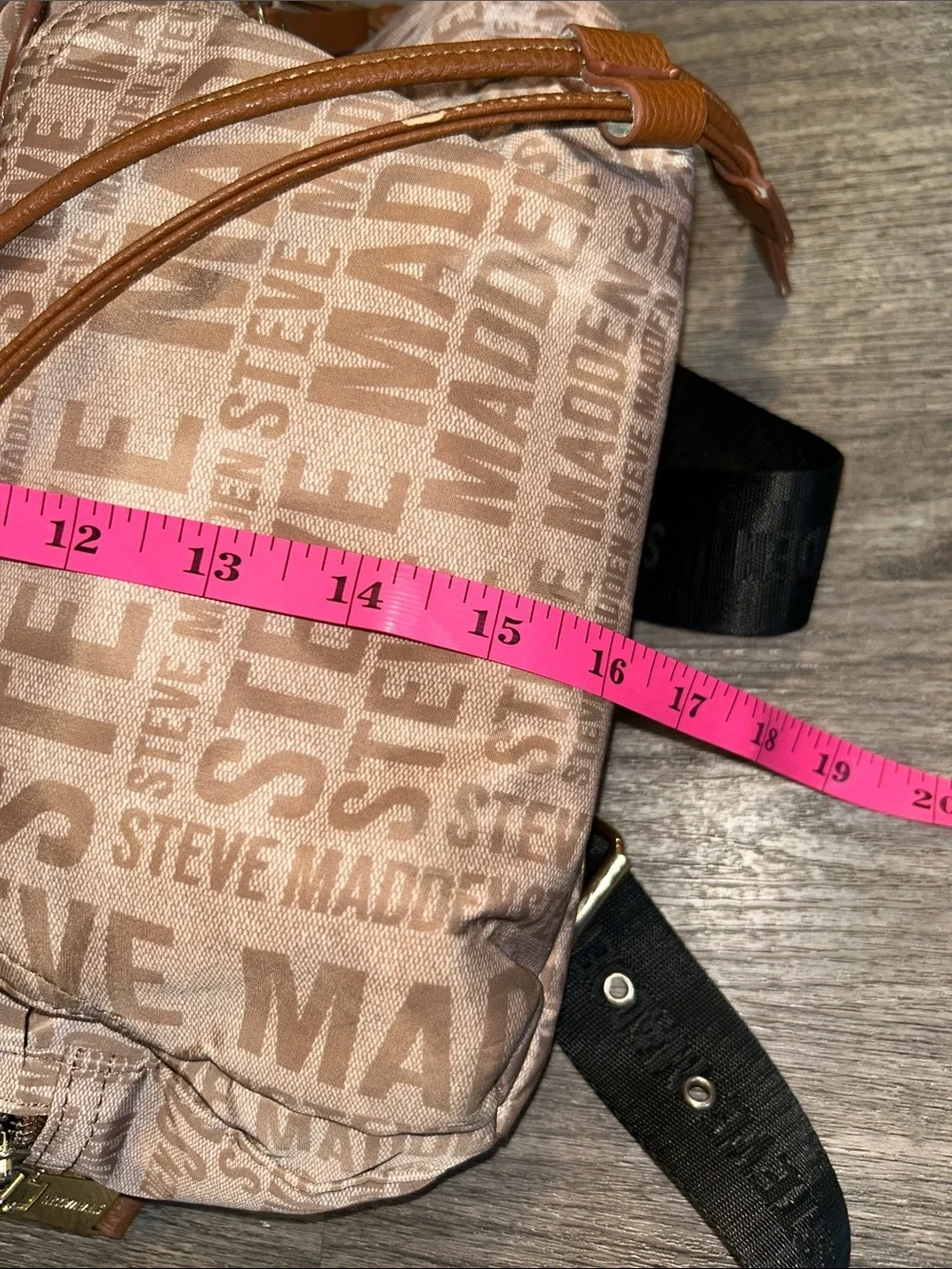 Steve Madden Logo Print Mini Backpack Tan Brown Nylon Drawstring Bag
